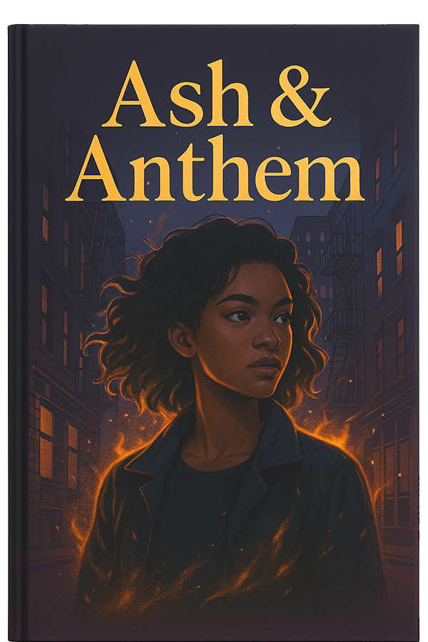 Book cover for "Ash & Anthem" featuring a young woman with curly hair, standing in a dark city street. Golden flames or sparks surround her, casting a warm glow on her serious face. The title is in large gold letters above.