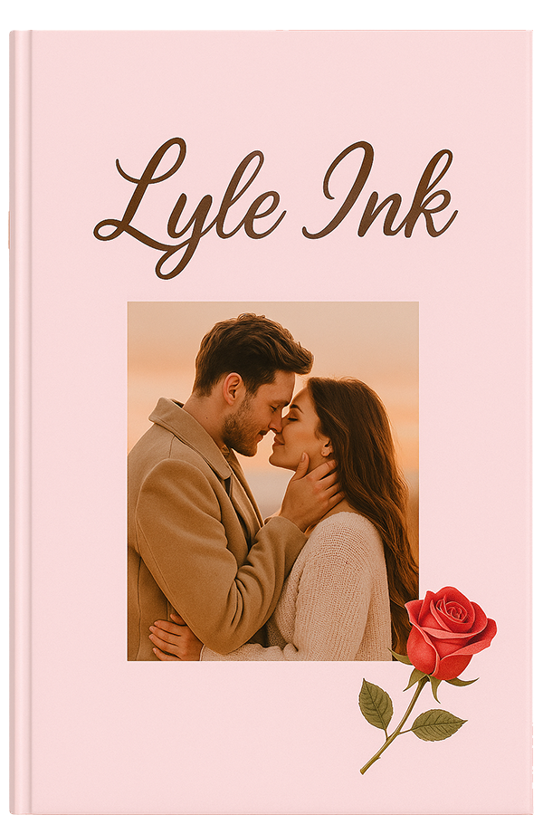 A pink book cover titled “Lyle Ink” features a photo of a couple embracing and touching foreheads, with a red rose illustration at the bottom right corner.