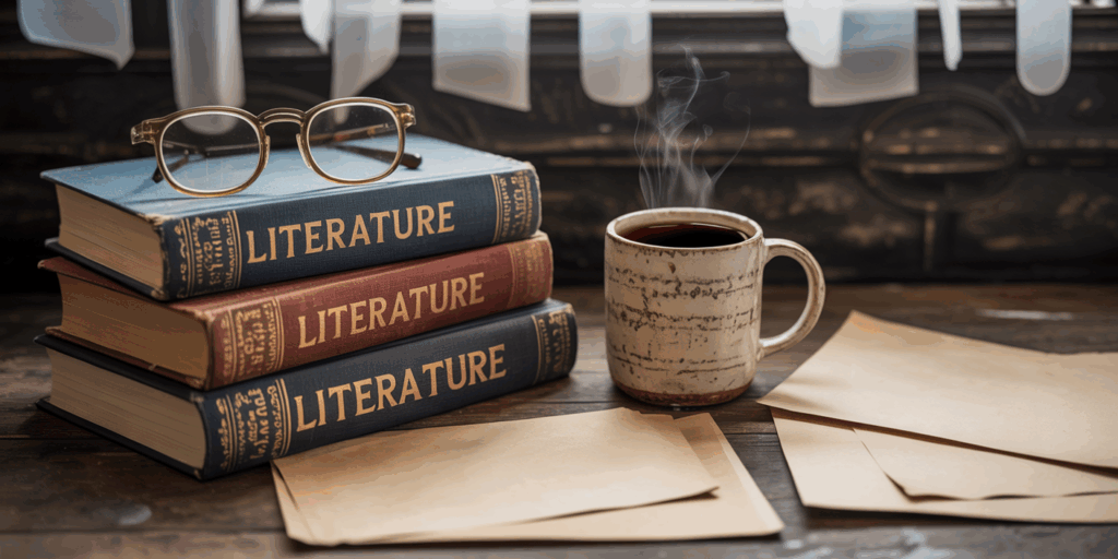 Three books labeled “Literature” are stacked on a wooden table beside a pair of glasses, a steaming mug, and several blank sheets of paper. Light streams in through a window with sheer curtains in the background.