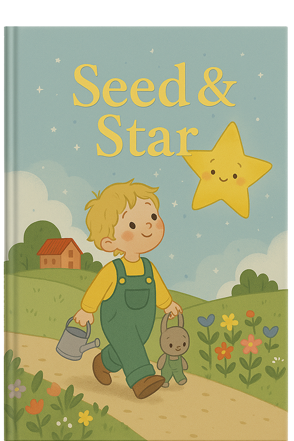 A children's book cover titled "Seed & Star" features a smiling child in green overalls holding a stuffed toy and a watering can, walking along a path with flowers. A cheerful star floats in the sky above.