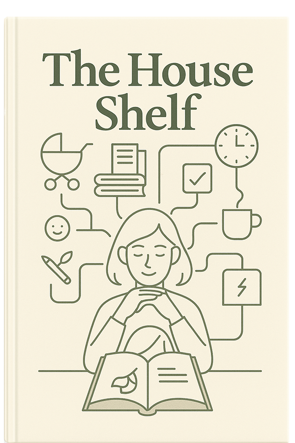 A book cover titled "The House Shelf" shows a woman reading, with icons above her head representing daily life—books, clock, coffee mug, stroller, smiley face, checklist, and a power symbol—linked by flowing lines.