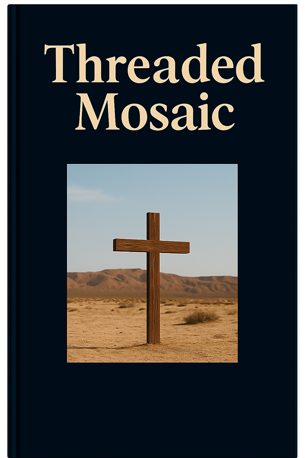 A book cover titled "Threaded Mosaic" features a wooden cross standing in a desert landscape with mountains in the background, set against a clear sky.