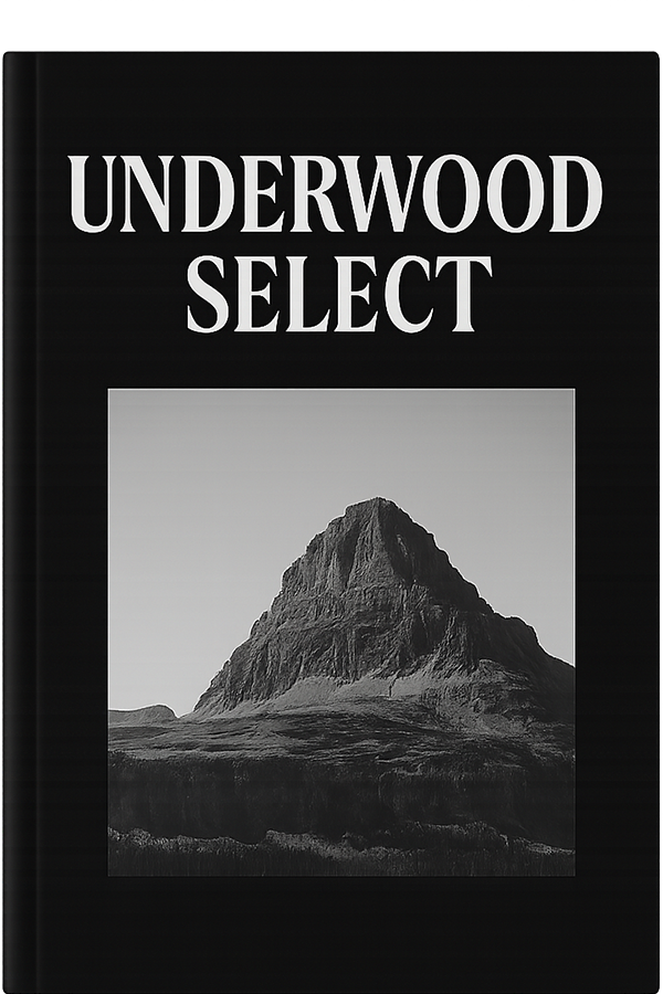 A book cover with the title "UNDERWOOD SELECT" in bold white letters above a black-and-white photo of a mountain peak against a pale sky, all set on a black background.